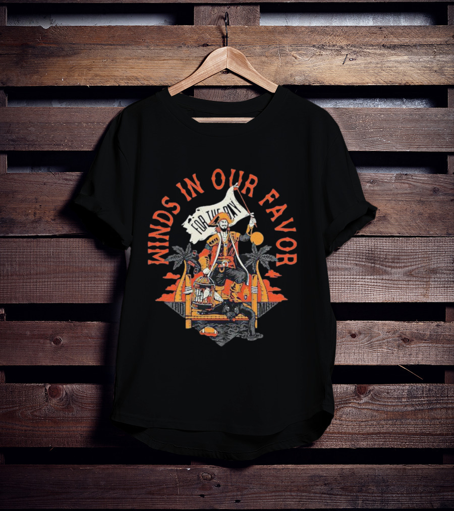 Winds In Our Favor Pirate With Flag And Parrot Tropical Scene T-Shirt