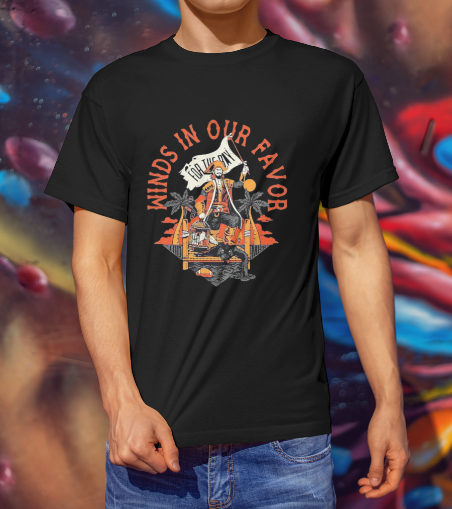 Winds In Our Favor Pirate With Flag And Parrot Tropical Scene T-Shirt
