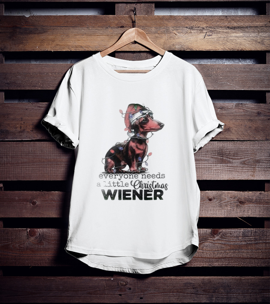 Everyone Needs A Little Christmas Wiener Dachshund With Lights And Santa Hat T-Shirt