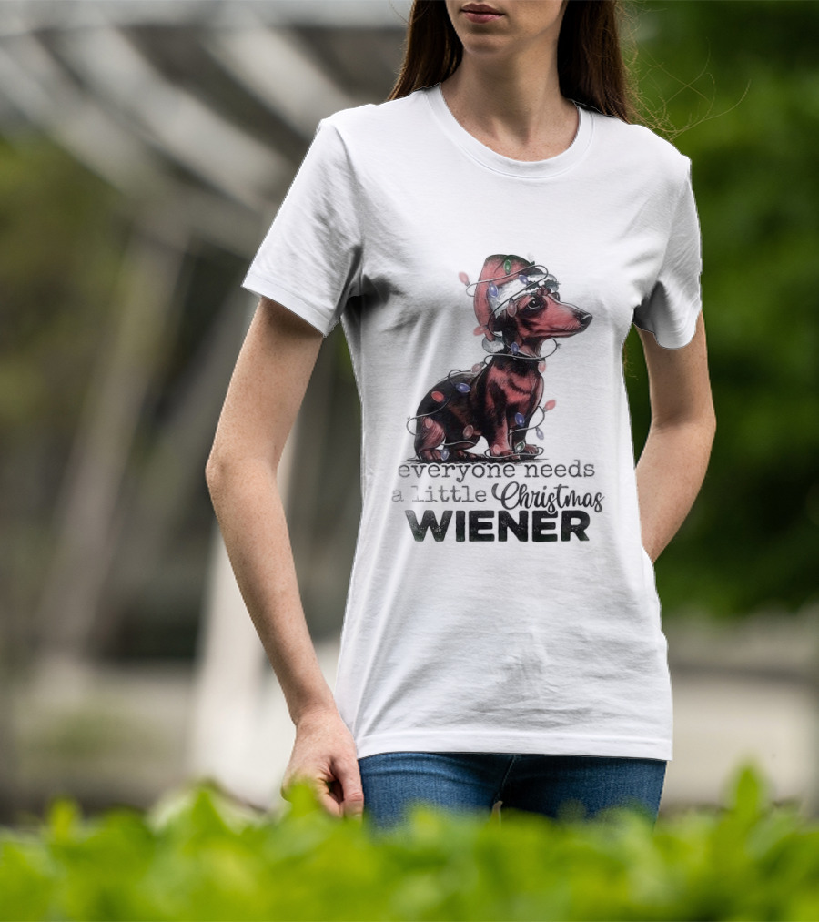 Everyone Needs A Little Christmas Wiener Dachshund With Lights And Santa Hat T-Shirt