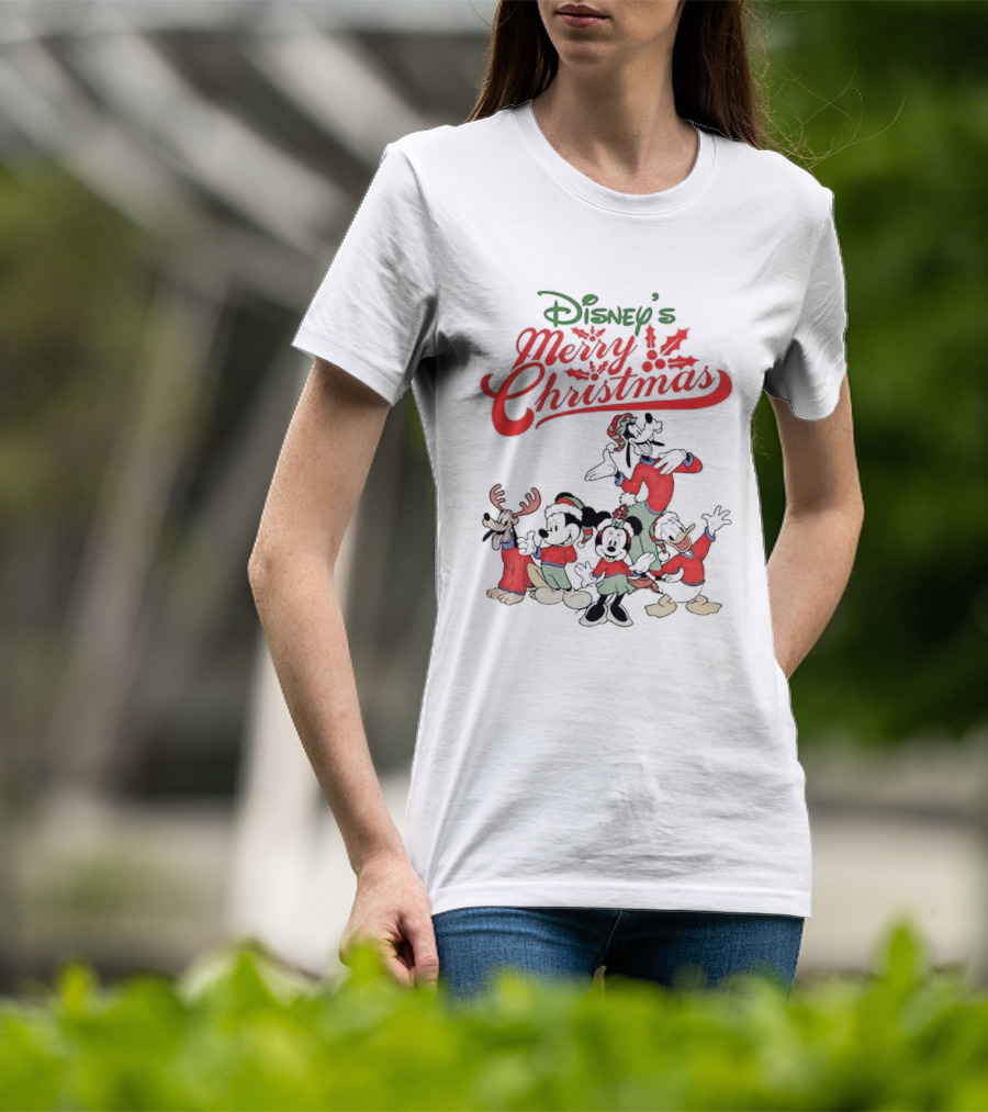 Disney’s Merry Christmas Mickey Minnie Goofy Pluto Festive Holiday T-Shirt