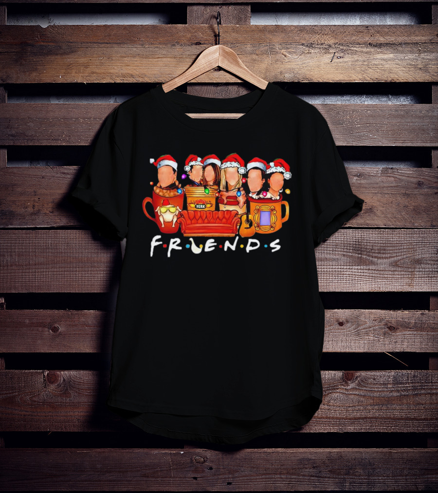 Friends Christmas Santa Hats Couch Central Perk Logo Mugs Guitar T-Shirt