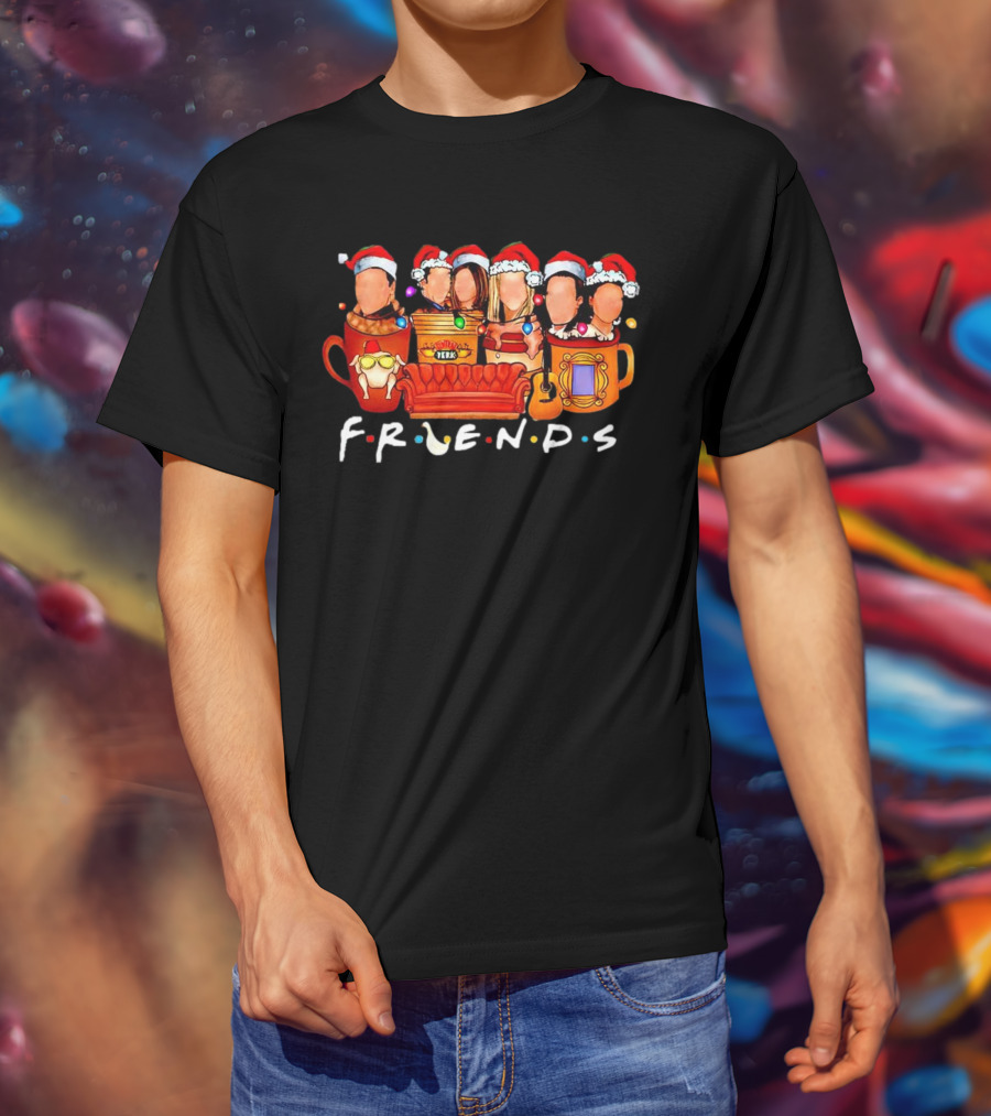 Friends Christmas Santa Hats Couch Central Perk Logo Mugs Guitar T-Shirt