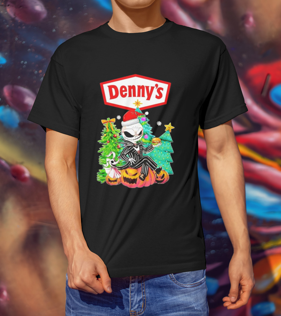 Denny’s Jack Skellington Santa Sitting On Pumpkins With Christmas Trees T-Shirt