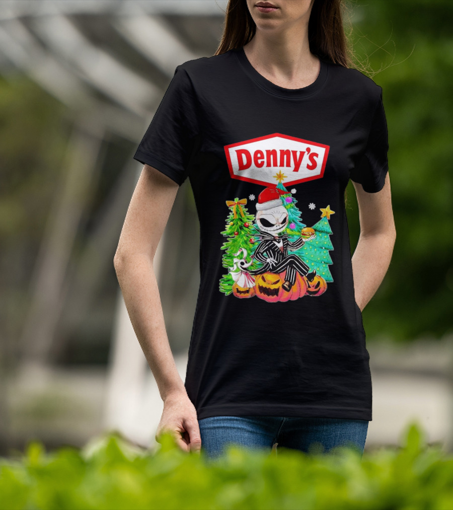 Denny’s Jack Skellington Santa Sitting On Pumpkins With Christmas Trees T-Shirt