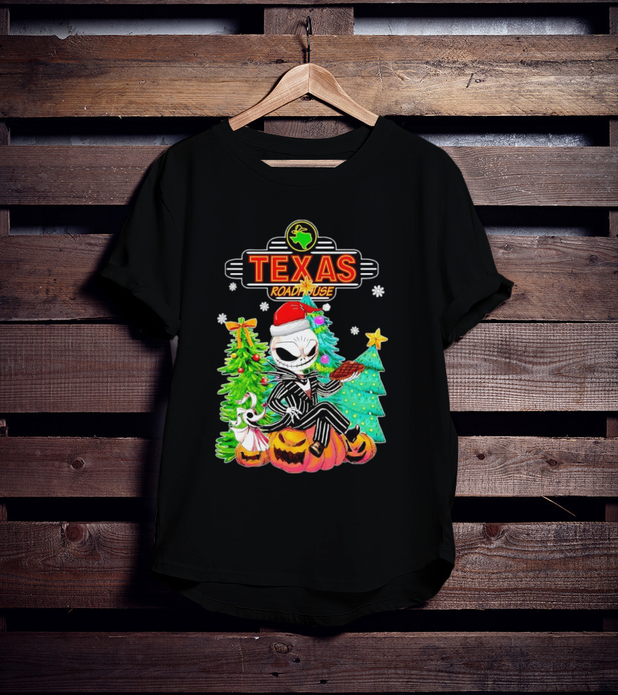 Jack Skellington Christmas With Texas Roadhouse Pumpkin And Christmas Trees T-Shirt