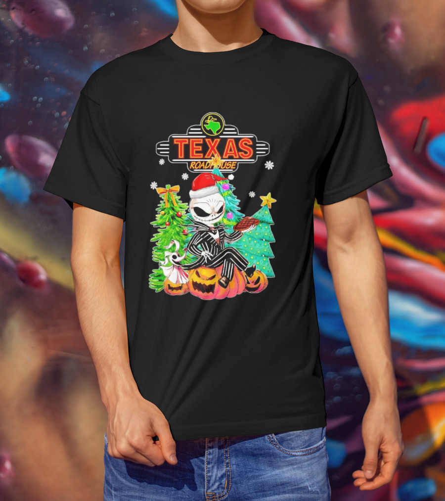 Jack Skellington Christmas With Texas Roadhouse Pumpkin And Christmas Trees T-Shirt