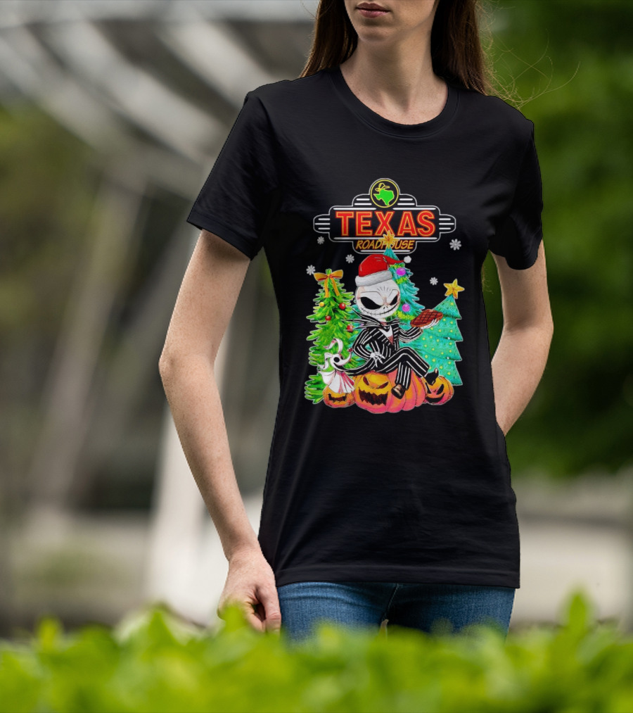 Jack Skellington Christmas With Texas Roadhouse Pumpkin And Christmas Trees T-Shirt