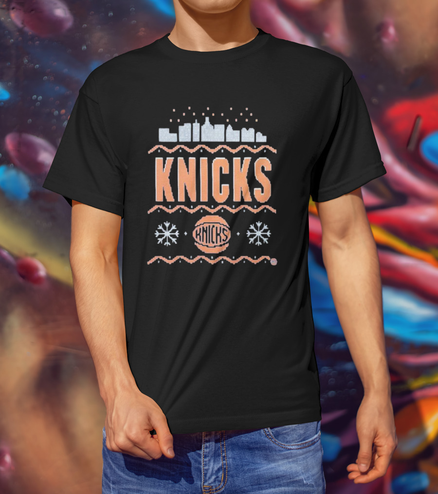 New York Knicks City Skyline Basketball Winter Snowflakes T-Shirt