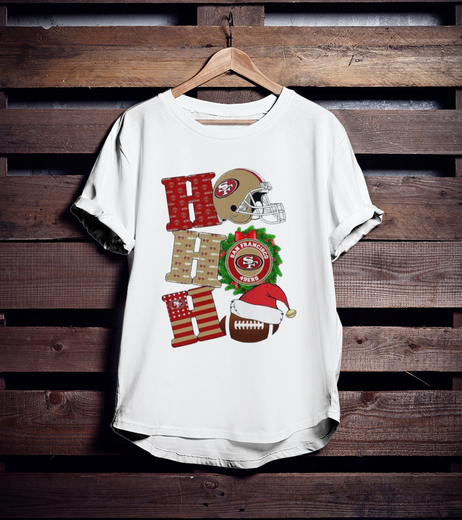 San Francisco 49ers Ho Ho Ho Merry Christmas Football Helmet Wreath Santa Hat T-Shirt
