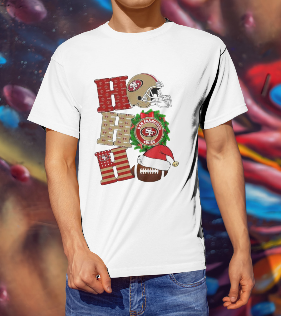 San Francisco 49ers Ho Ho Ho Merry Christmas Football Helmet Wreath Santa Hat T-Shirt