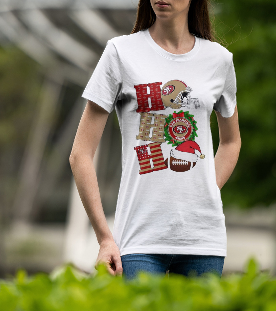 San Francisco 49ers Ho Ho Ho Merry Christmas Football Helmet Wreath Santa Hat T-Shirt
