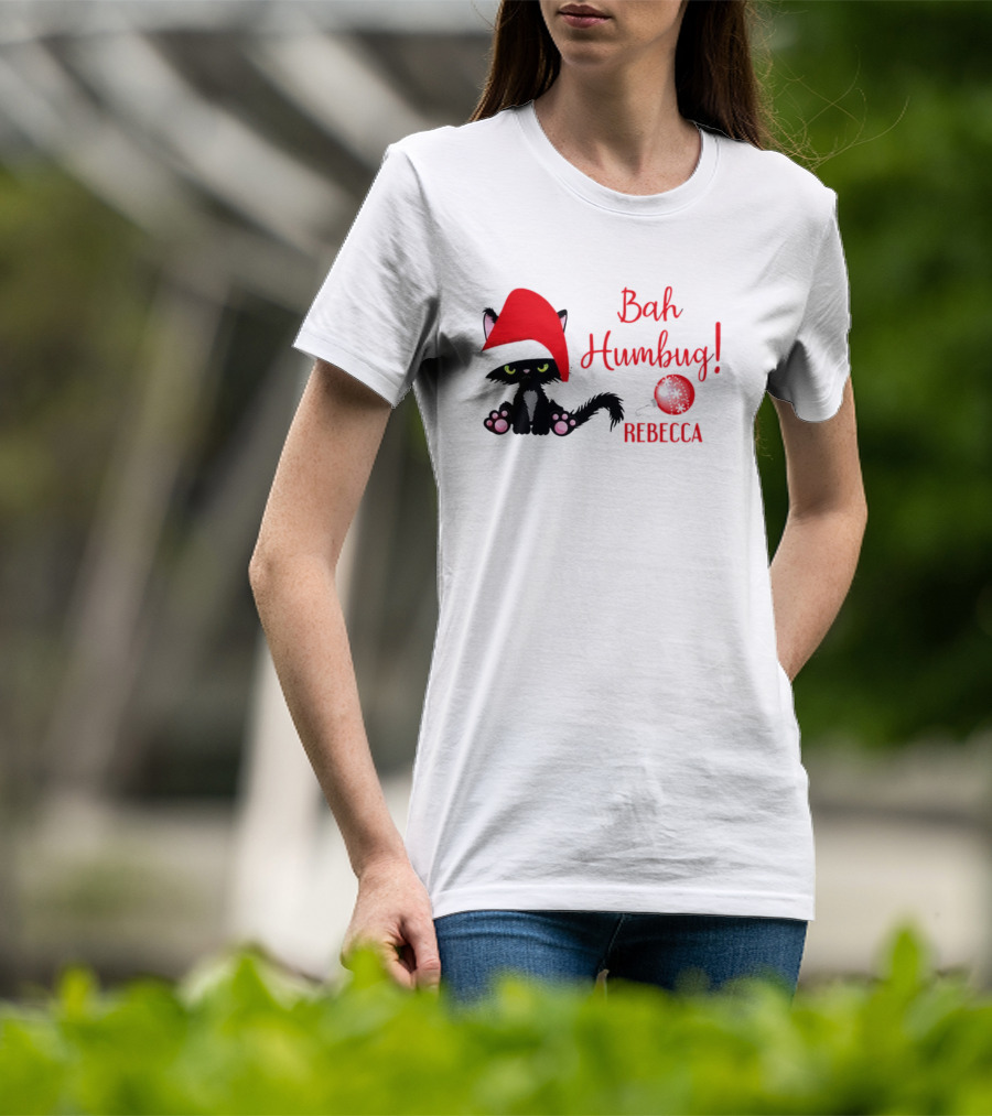 Santa Black Cat Bah Humbug Xmas Custom Name Rebecca T-Shirt