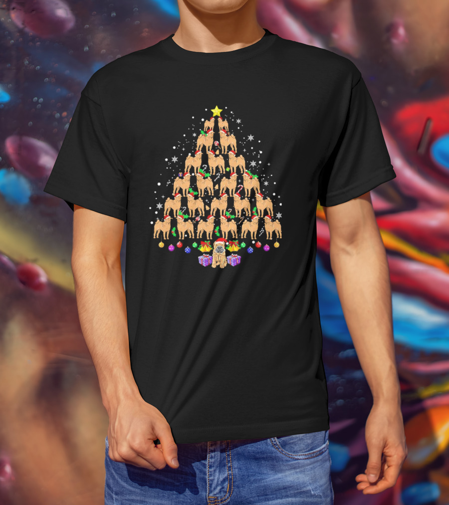 Shar Pei Holiday Tree With Festive Lights And Santa Hats T-Shirt