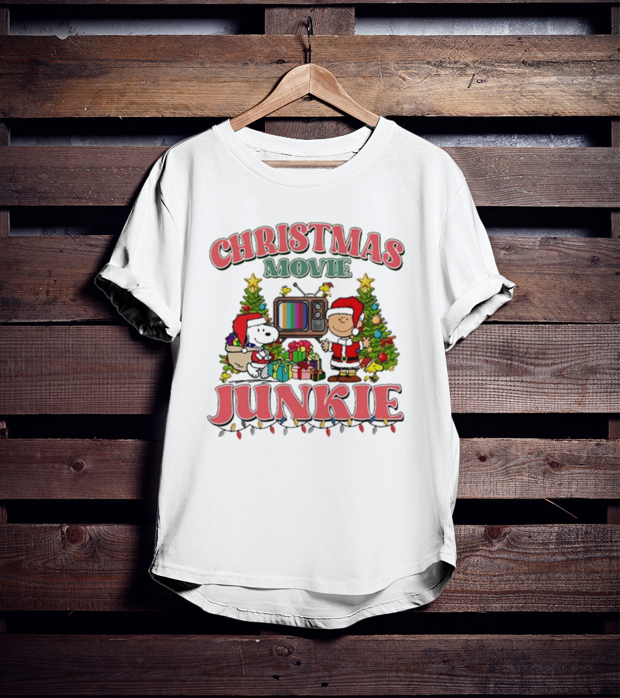 Snoopy And Charlie Brown Christmas Movie Junkie With TV And Gifts T-Shirt