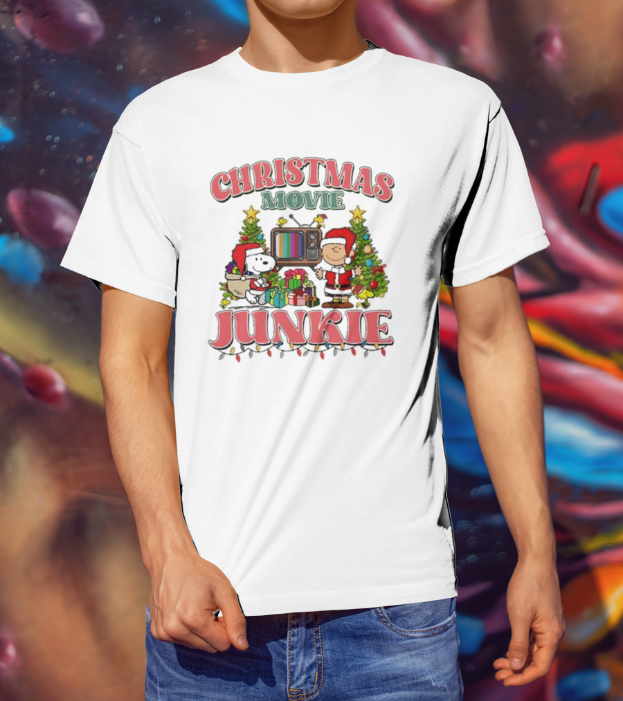 Snoopy And Charlie Brown Christmas Movie Junkie With TV And Gifts T-Shirt