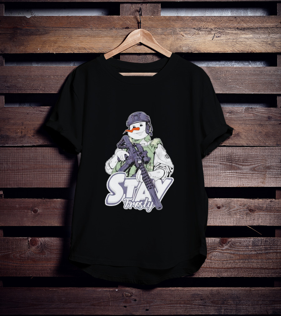 Stay Frosty Snowman Soldier With Rifle Drawing T-Shirt