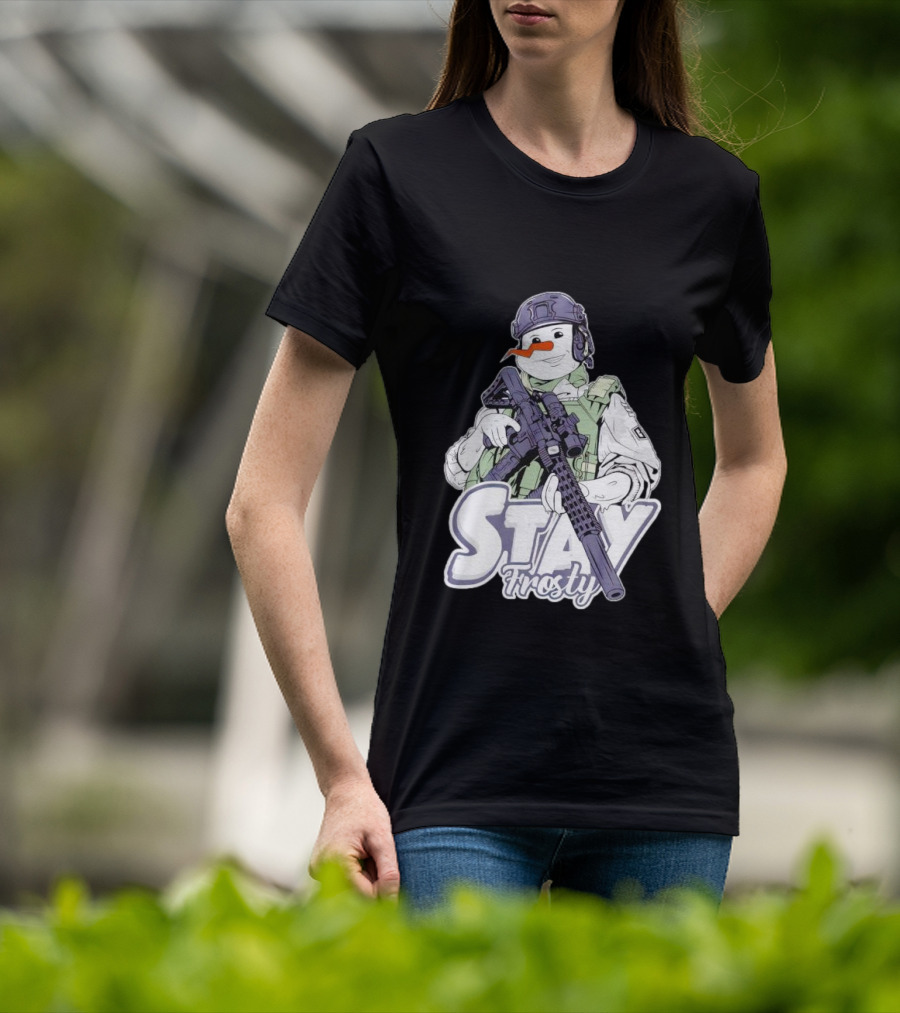 Stay Frosty Snowman Soldier With Rifle Drawing T-Shirt