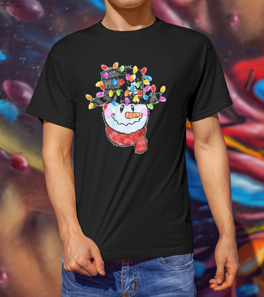 Snowman Wrapped In Colorful Christmas Lights With Black Top Hat And Red Scarf T-Shirt
