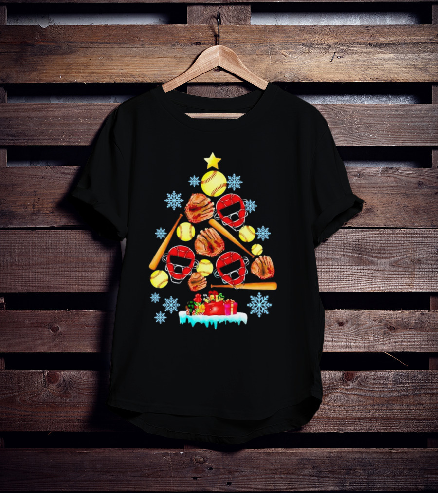 Christmas Tree With Softballs Bats Helmets Mitts And Gifts T-Shirt