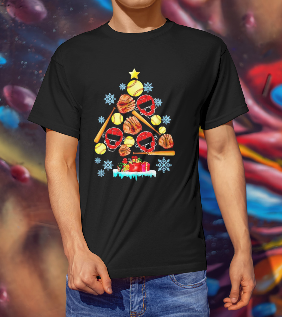 Christmas Tree With Softballs Bats Helmets Mitts And Gifts T-Shirt