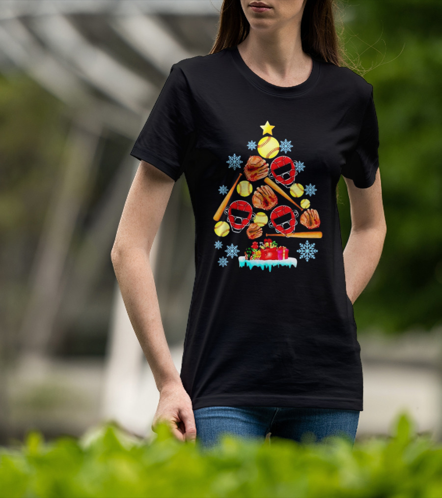 Christmas Tree With Softballs Bats Helmets Mitts And Gifts T-Shirt