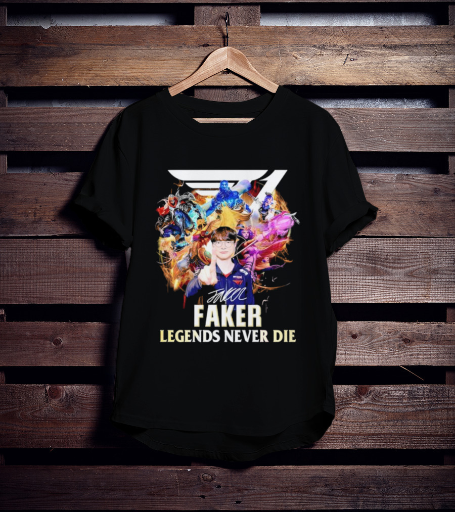 T1 Faker Legends Never Die Signature With Dynamic Character T-Shirt
