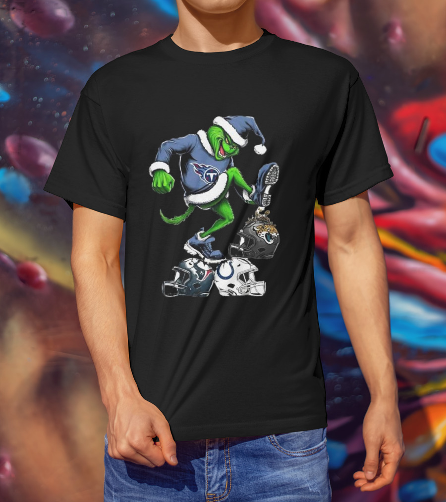 Tennessee Titans Grinch Stomping Jaguars Texans Colts Helmets Christmas T-Shirt
