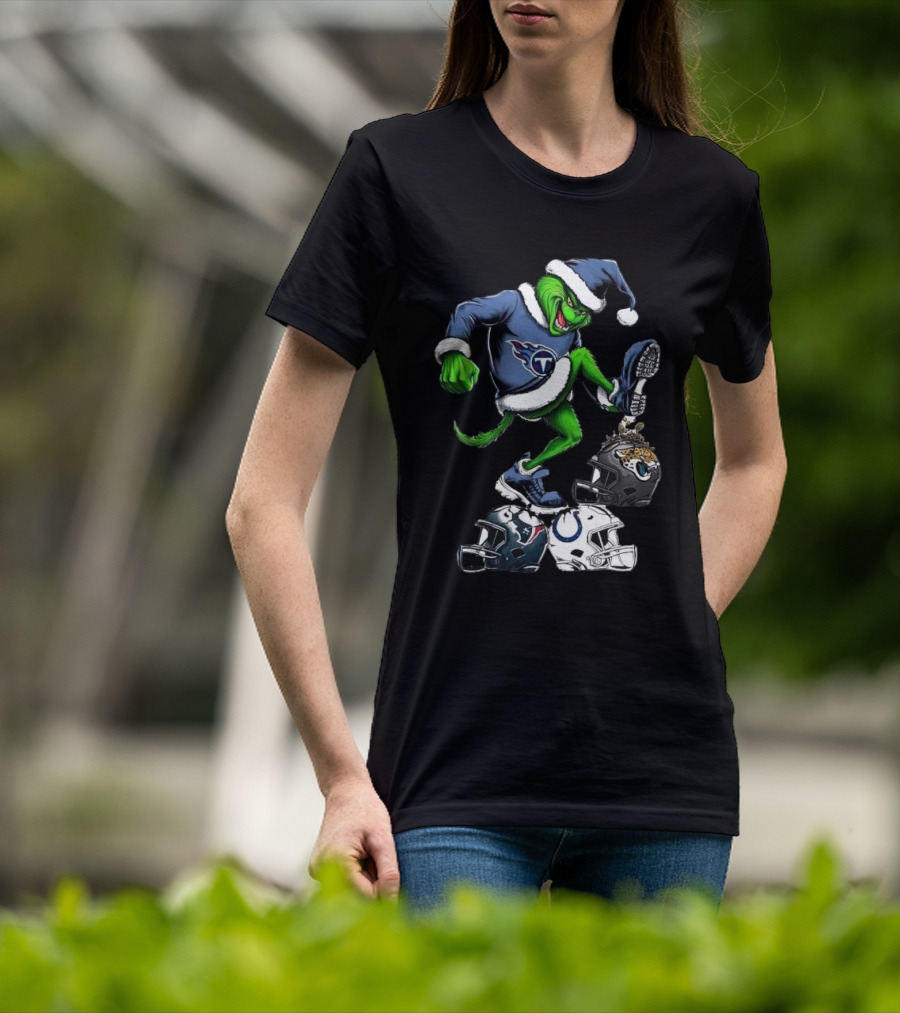 Tennessee Titans Grinch Stomping Jaguars Texans Colts Helmets Christmas T-Shirt