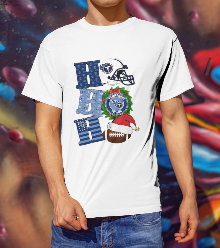 Tennessee Titans Ho Ho Ho Merry Christmas Football Helmet Santa Hat Wreath T-Shirt