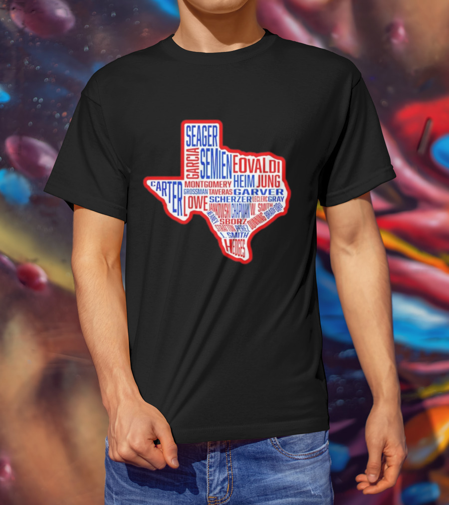 Texas Rangers Champs Seager Semien Garcia Eovaldi Carter Montgomery Heim Jung Garver Lowe Scherzer T-Shirt