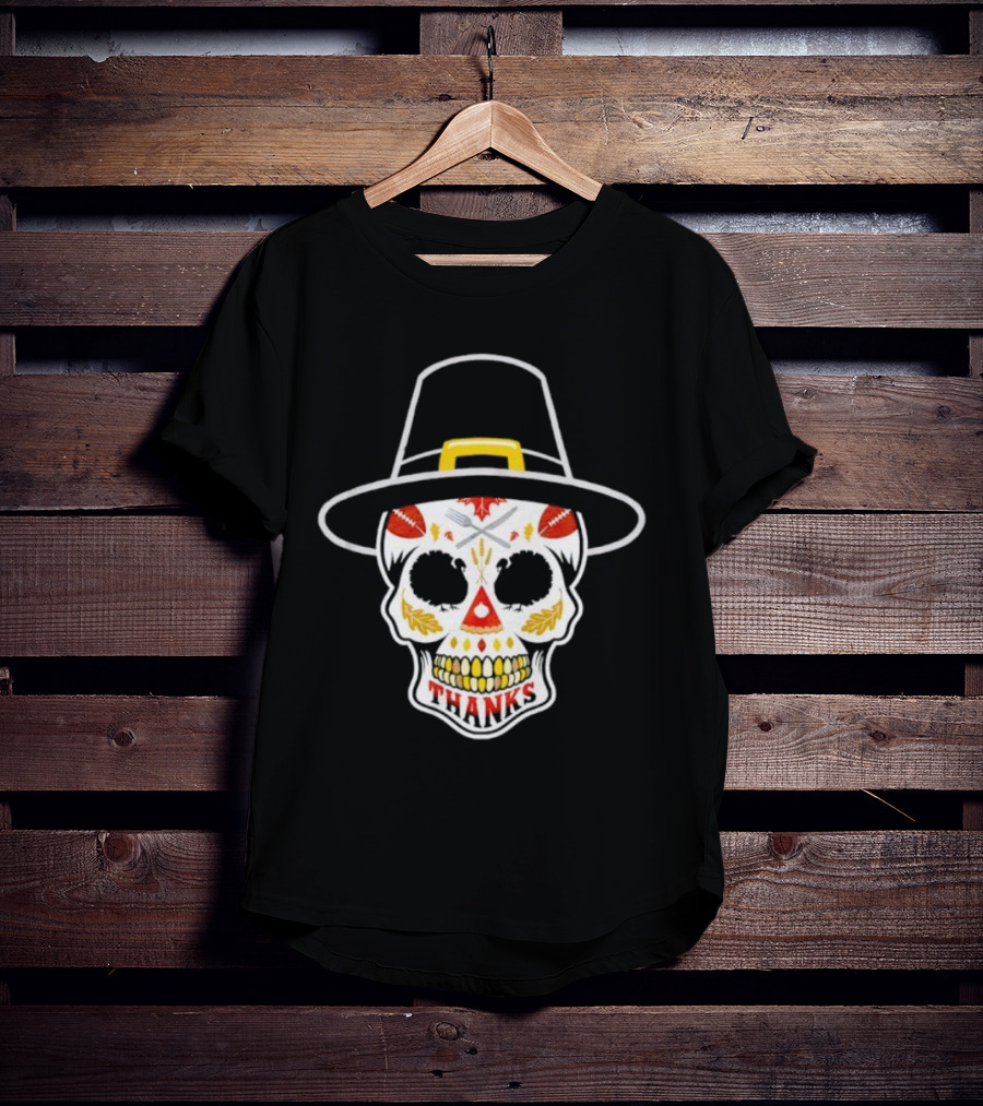 Thanksgiving Sugar Skull Thanks Pilgrim Hat Football Leaves T-Shirt