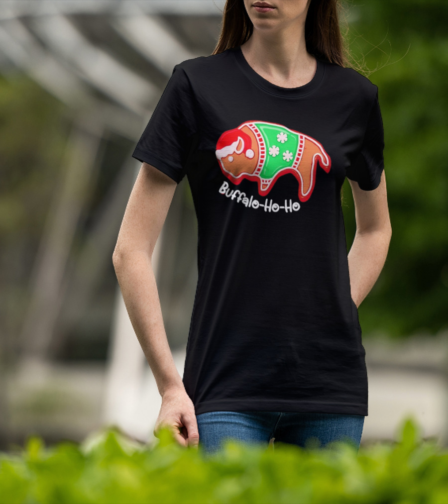 Buffalo-Ho-Ho Christmas Gingerbread Bison Santa T-Shirt