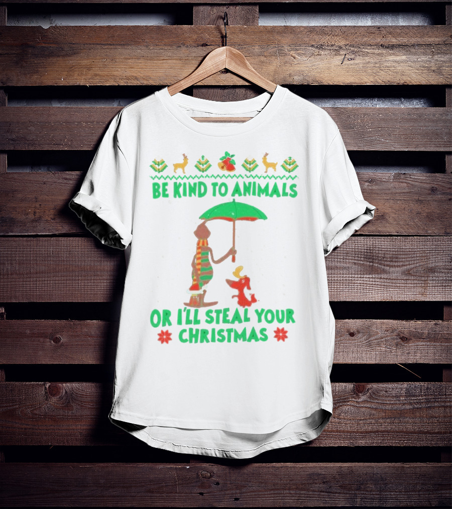 Be Kind To Animals Or I’ll Steal Your Christmas Grinch And Dog With Holiday Symbols T-Shirt