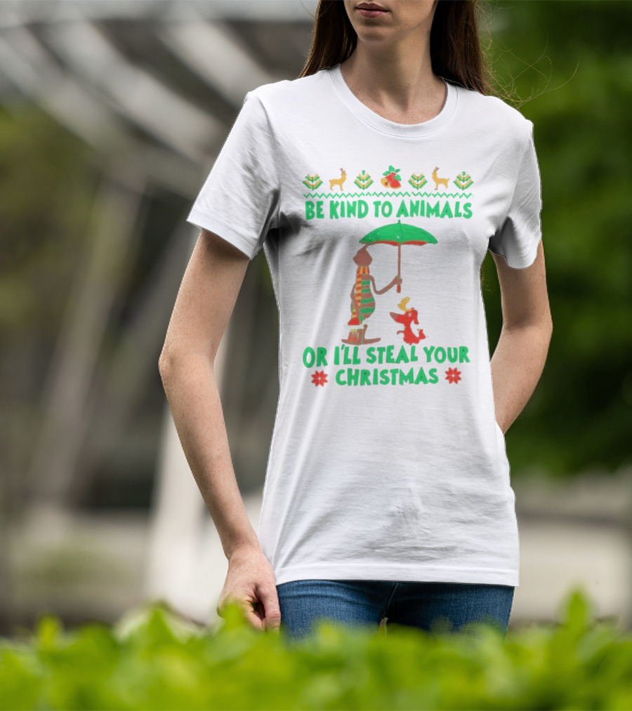 Be Kind To Animals Or I’ll Steal Your Christmas Grinch And Dog With Holiday Symbols T-Shirt