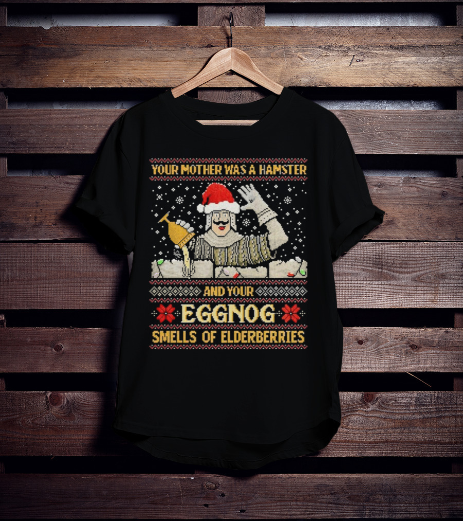 Your Mother Was A Hamster And Your Eggnog Smells Of Elderberries Christmas Santa Toasting T-Shirt