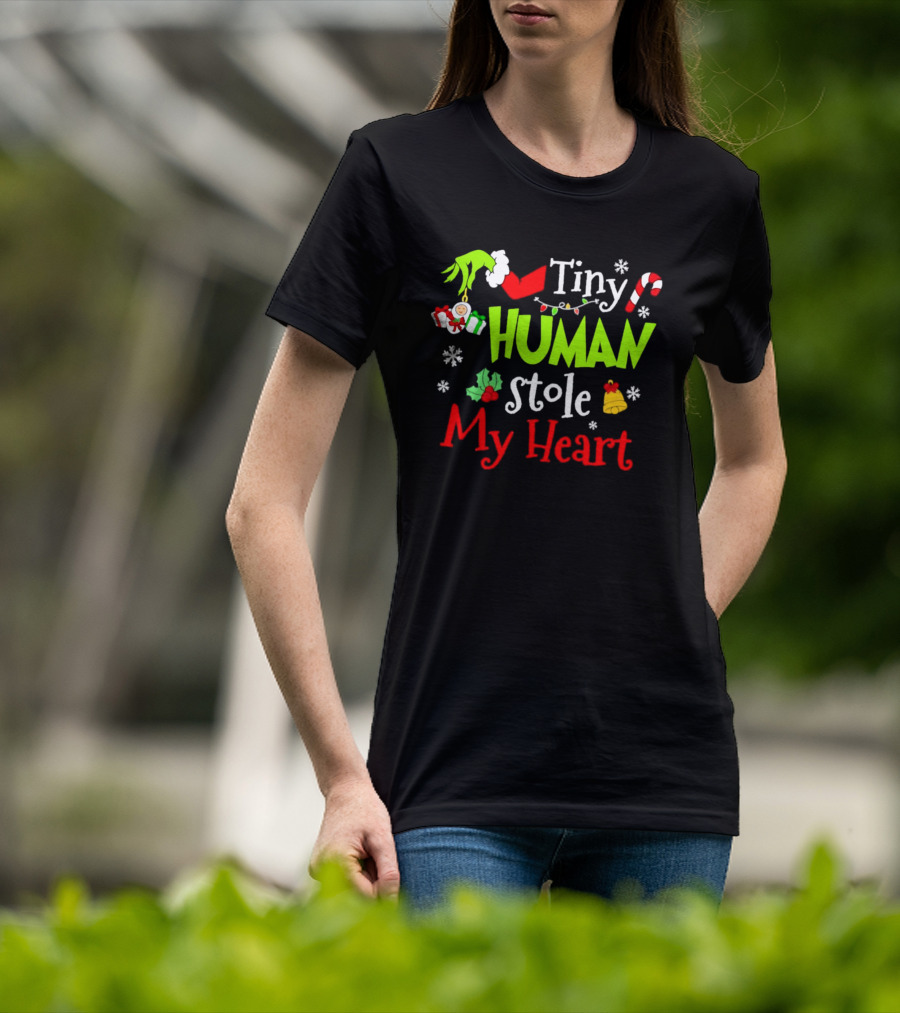 Tiny Human Stole My Heart Grinchmas Xmas With Candy Cane And Gifts T-Shirt