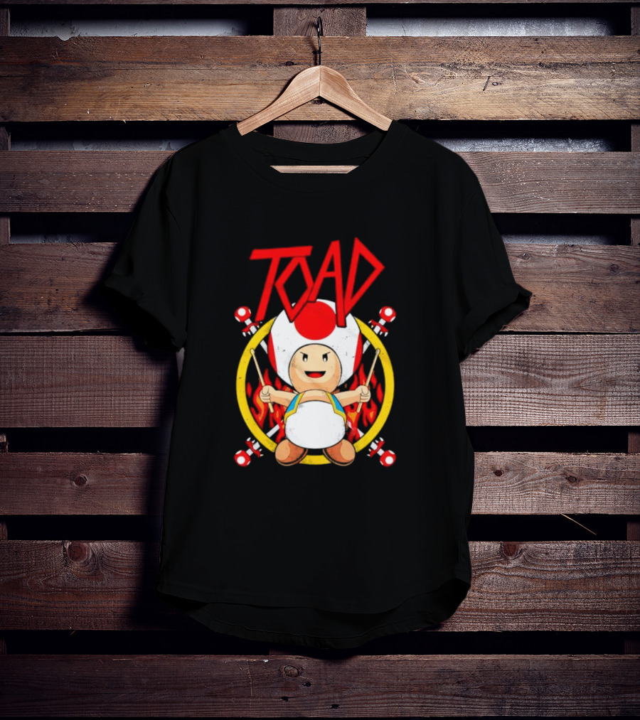 TOAD Heavy Metal Mushroom Drummer With Drumsticks And Flames Background T-Shirt