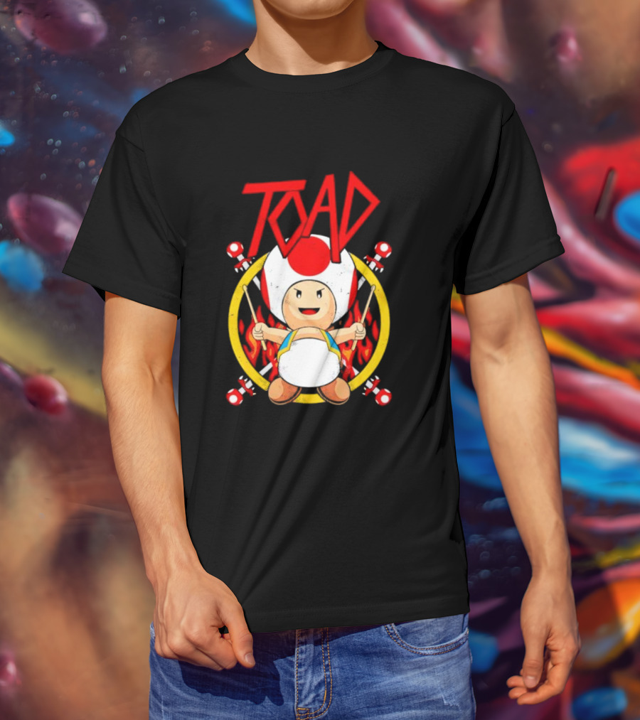 TOAD Heavy Metal Mushroom Drummer With Drumsticks And Flames Background T-Shirt