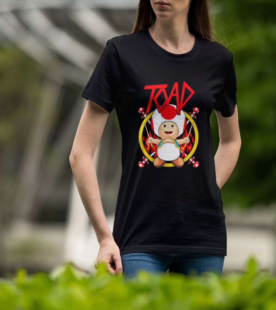 TOAD Heavy Metal Mushroom Drummer With Drumsticks And Flames Background T-Shirt