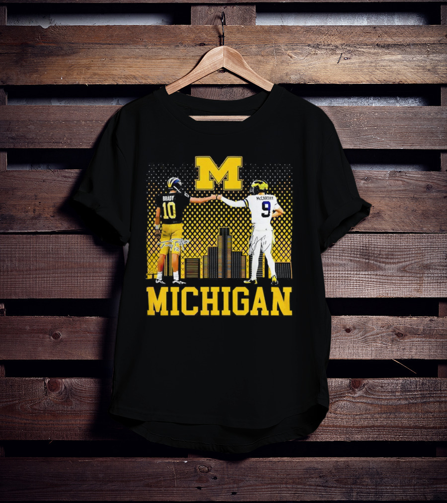 Michigan Wolverines Tom Brady Jj McCarthy Iconic Players Fist Bump Skyline T-Shirt