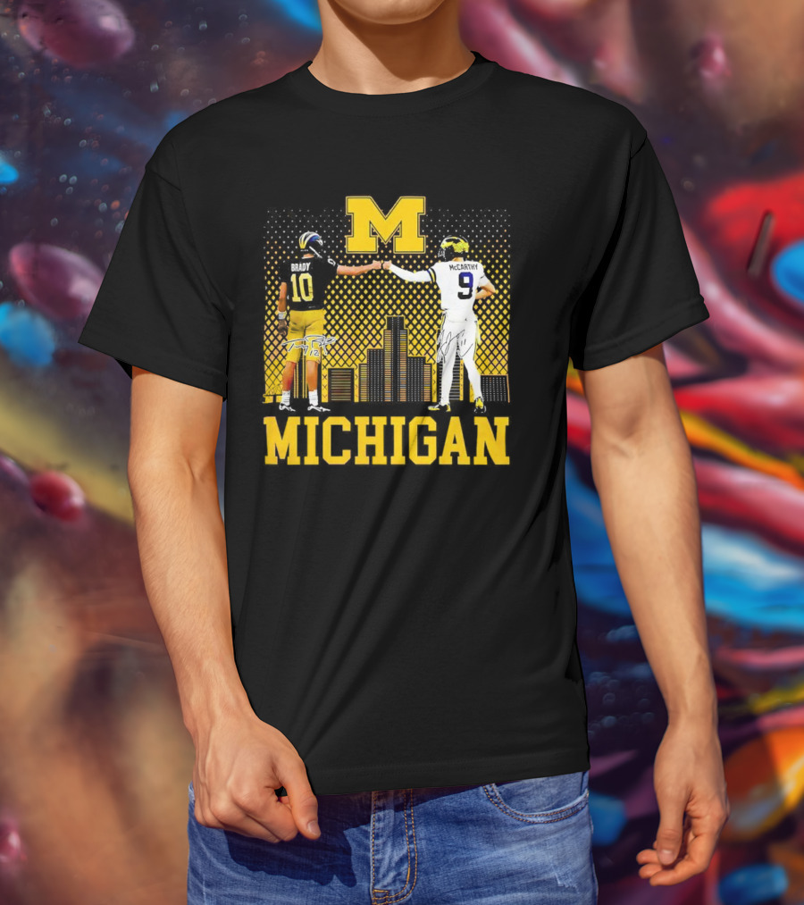 Michigan Wolverines Tom Brady Jj McCarthy Iconic Players Fist Bump Skyline T-Shirt