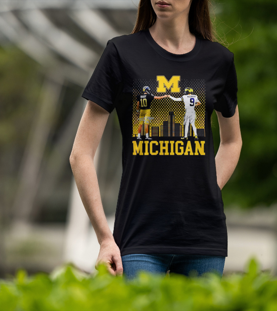 Michigan Wolverines Tom Brady Jj McCarthy Iconic Players Fist Bump Skyline T-Shirt