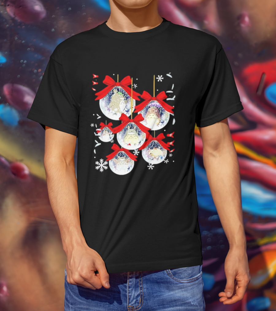 Totoro Chibi Christmas Ornaments With Snowflakes And Red Bows T-Shirt