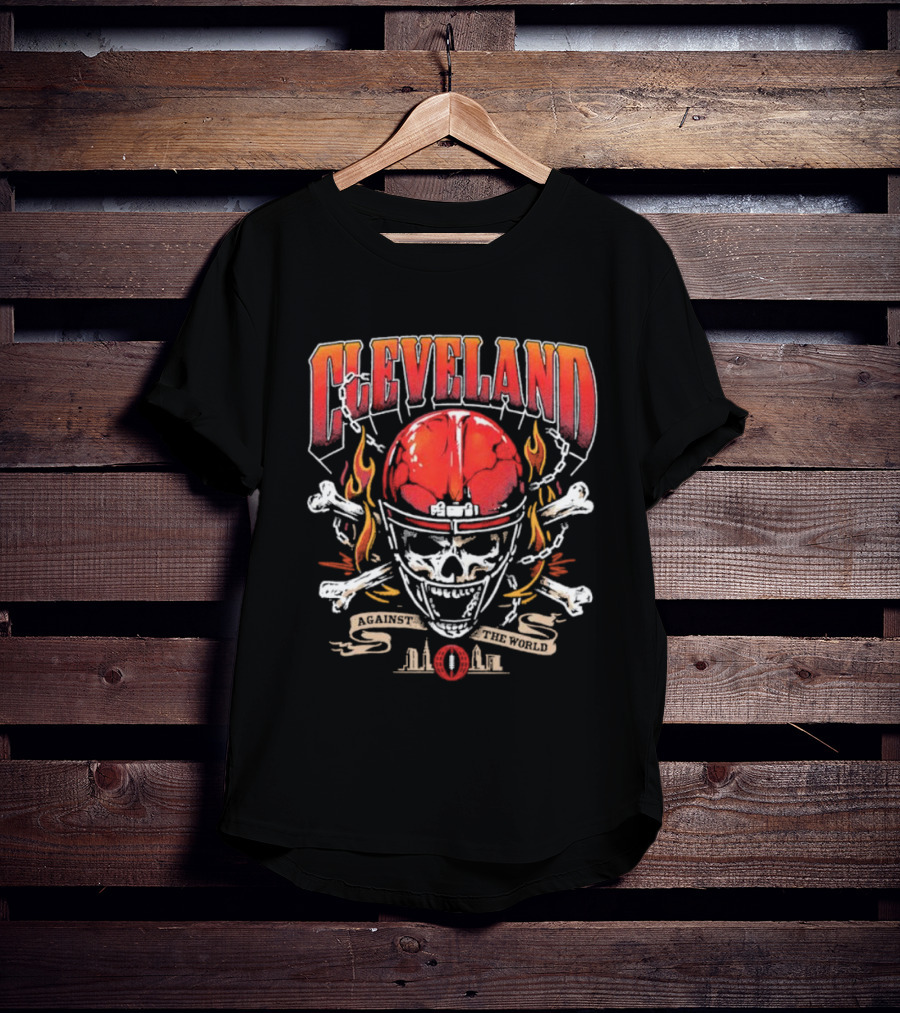 Cleveland Against The World Skull Helmet Flames Crossbones T-Shirt
