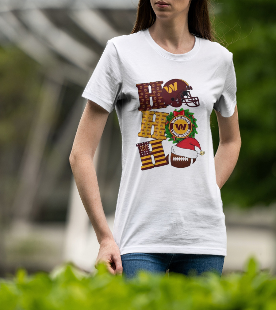 Washington Commanders Helmet Wreath Football Ho Ho Ho Merry Christmas T-Shirt