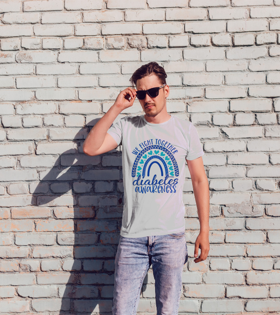 We Fight Together Diabetes Awareness Blue Heart Rainbow T-Shirt