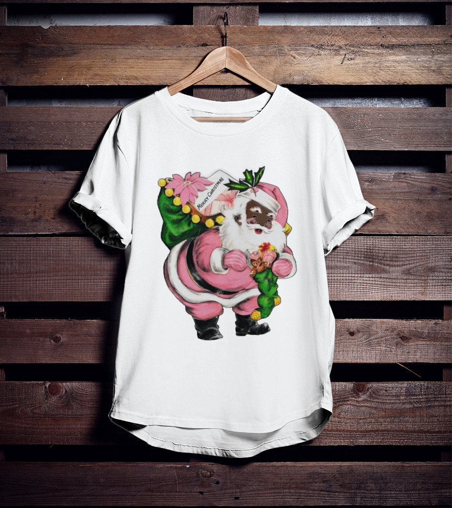 Merry Christmas Santa Claus Wear Pink Outfit With Sack And Toys T-Shirt