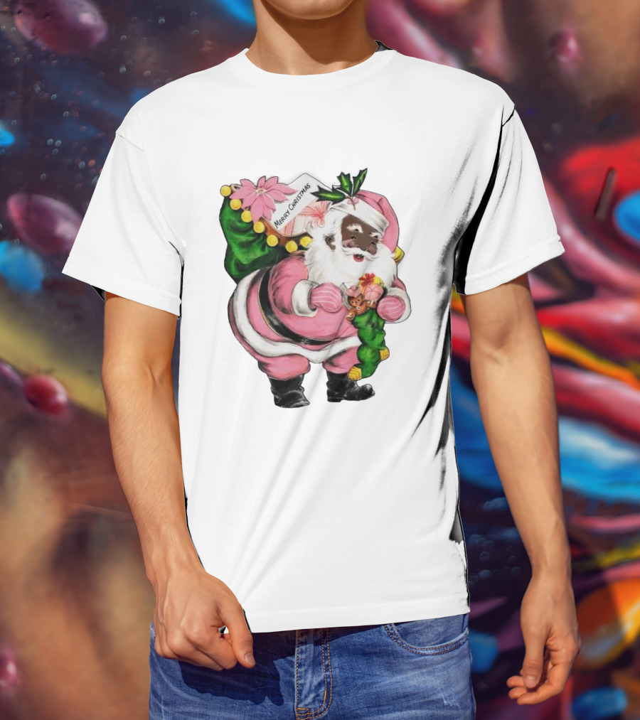 Merry Christmas Santa Claus Wear Pink Outfit With Sack And Toys T-Shirt