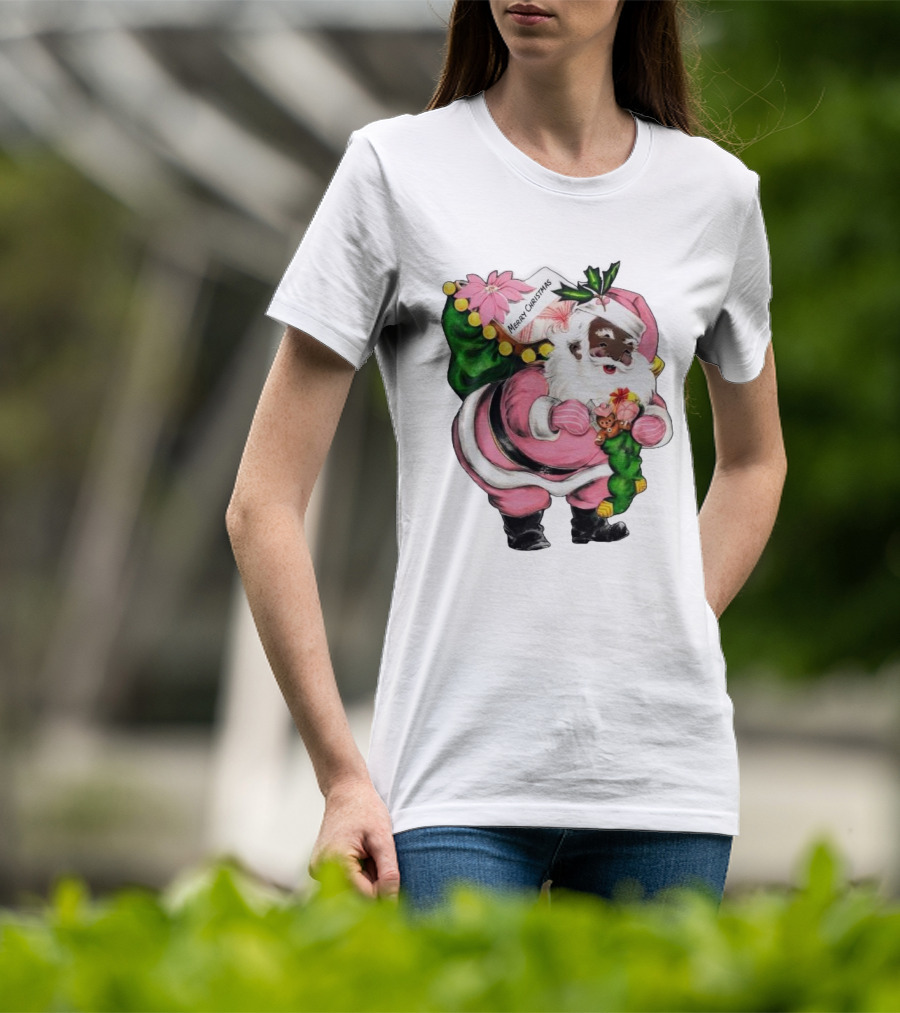 Merry Christmas Santa Claus Wear Pink Outfit With Sack And Toys T-Shirt